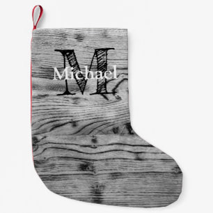 Vintage rustic gray black burnt wood Monogram Small Christmas Stocking
