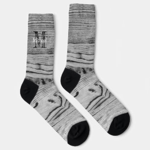 Vintage rustic gray black burnt wood Monogram Socks