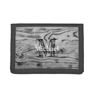 Vintage rustic gray black burnt wood Monogram Tri-fold Wallet