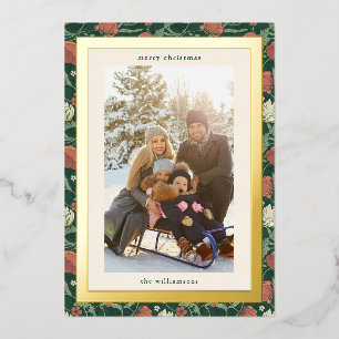 Vintage Rustic Green Floral Christmas Family Photo Foil Holiday Card