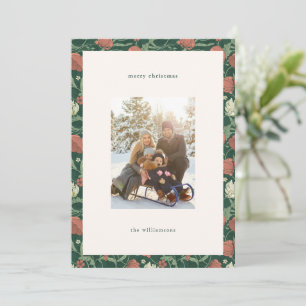 Vintage Rustic Green Floral Christmas Family Photo Holiday Card
