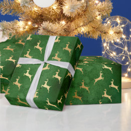 Vintage rustic green gold cute reindeers Christmas Wrapping Paper