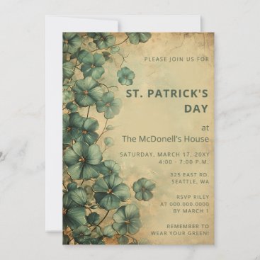 Vintage Rustic Green Gold Shamrock St Patricks Day Invitation