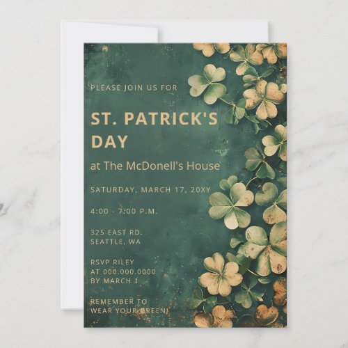 Vintage Rustic Green Gold Shamrock St Patricks Day Invitation