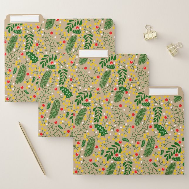 Vintage Rustic Greenery Holly Berry Christmas File Folder (Set)