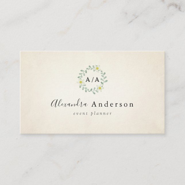 Vintage Rustic Greenery Wreath Black Business Card (Front)