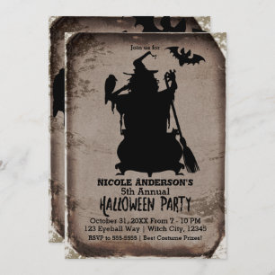 Vintage Rustic Halloween Witch Cauldron Party Invitation