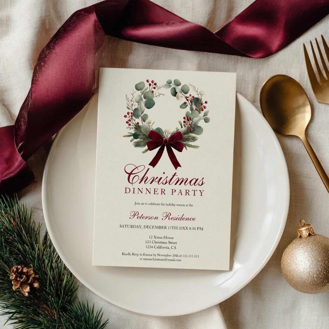 Vintage Rustic Holiday Wreath Christmas Party Invitation