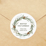 Vintage Rustic Holiday Wreath | Merry Christmas Classic Round Sticker<br><div class="desc">These rustic style holiday stickers say "merry christmas" in green vintage typewriter text,  with an elegant wreath of greenery,  pine cones,  and festive white flowers.</div>