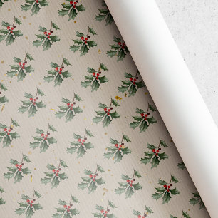 Vintage Rustic Holly Berry Christmas Wrapping Paper