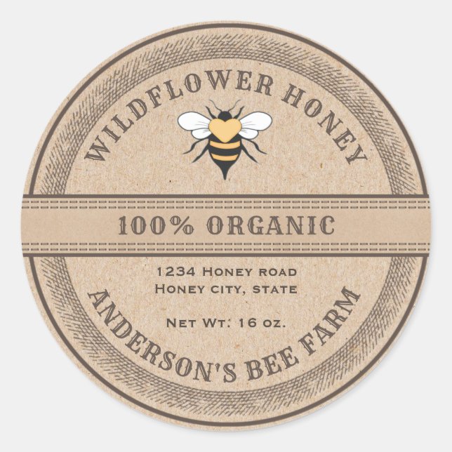 Vintage rustic Kraft bee  honey jar label (Front)