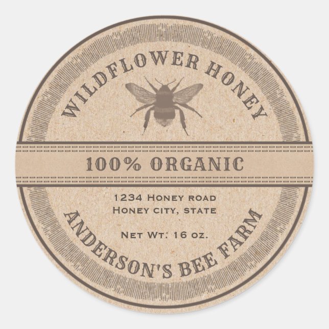 Vintage rustic Kraft bee  honey jar label (Front)