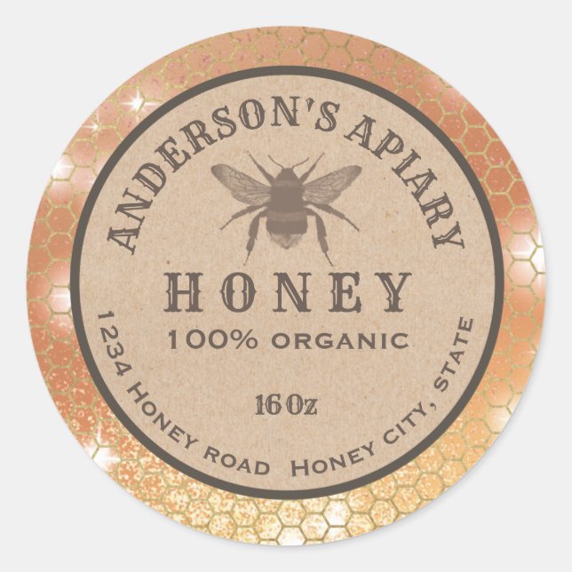 Vintage rustic Kraft bee honeycomb honey jar label (Front)