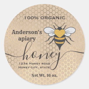 Vintage rustic Kraft bee logo script honey jar Classic Round Sticker
