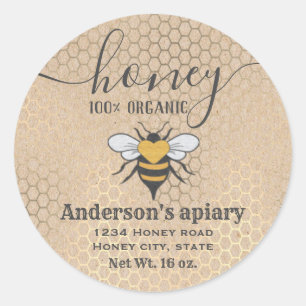 Vintage rustic Kraft bee logo script honey jar Classic Round Sticker