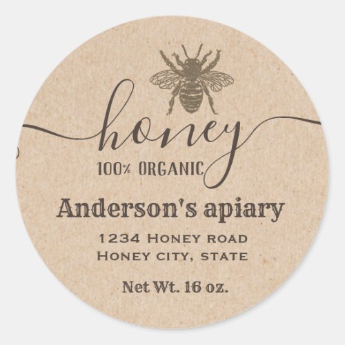 Vintage rustic Kraft honey bee  script honey jar Classic Round Sticker
