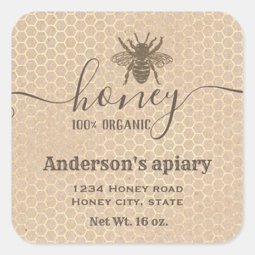 Vintage rustic Kraft honey bee  script honey jar Square Sticker