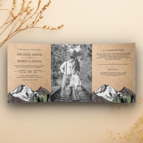 Vintage Rustic Kraft Mountain Forest Photo Wedding Tri_Fold Invitation