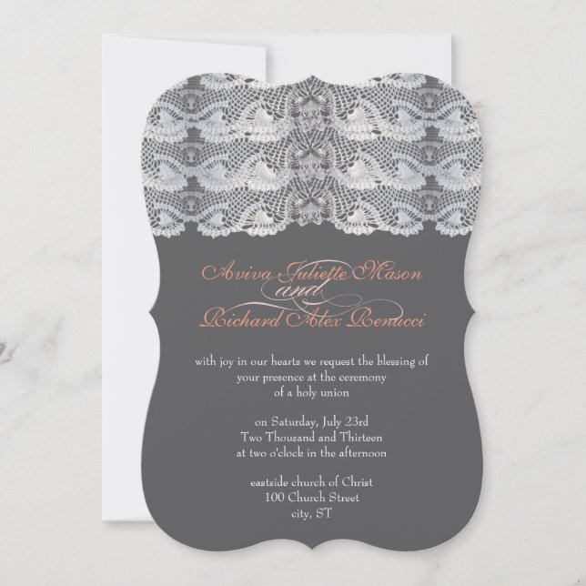 Vintage Rustic Lace Gray and Peach Invitation (Front)