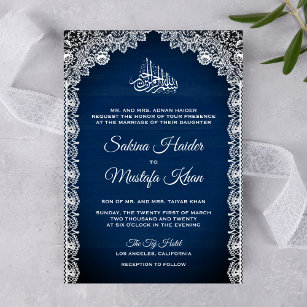 Vintage Rustic Lace Navy Blue Islamic Wedding Invitation