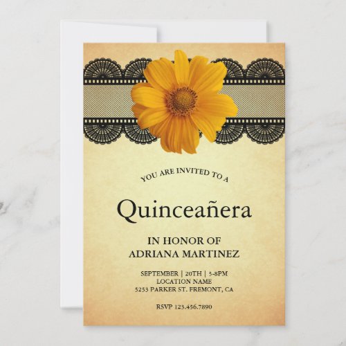 Vintage Rustic Lace Sunflower Quinceanera Invitation