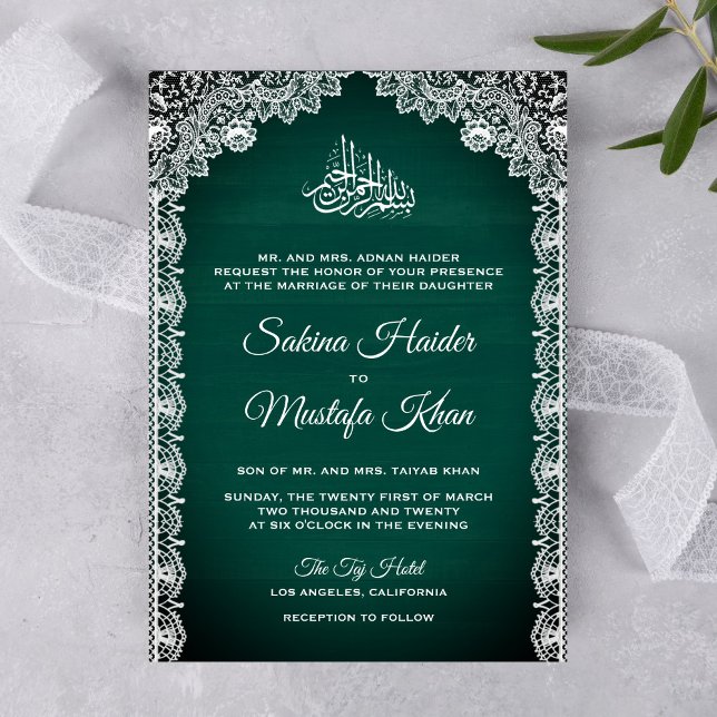 Vintage Rustic Lace Teal Green Islamic Wedding Invitation (Creator Uploaded)