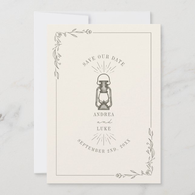 Vintage Rustic Lantern Green Wedding Save The Date (Front)