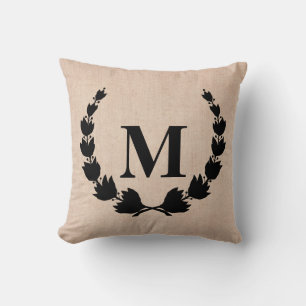 Vintage Rustic Laurel Wreath Monogram Throw Pillow