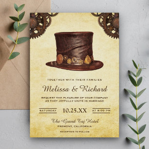 Vintage Rustic Leather Hat Steampunk Wedding Invitation