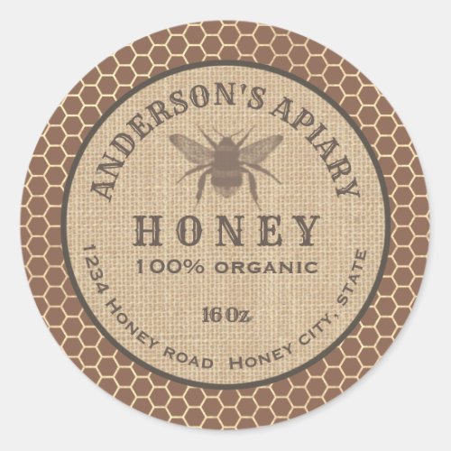 Vintage rustic linen bee honey comb honey jar clas classic round sticker
