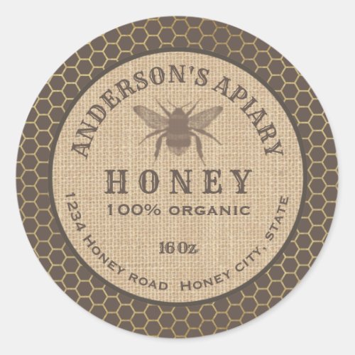 Vintage rustic linen bee honey comb honey jar classic round sticker