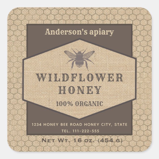 Vintage rustic linen  honey bee honey jar label (Front)