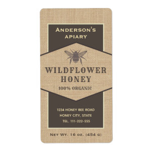 Vintage rustic linen honey bee honey jar label
