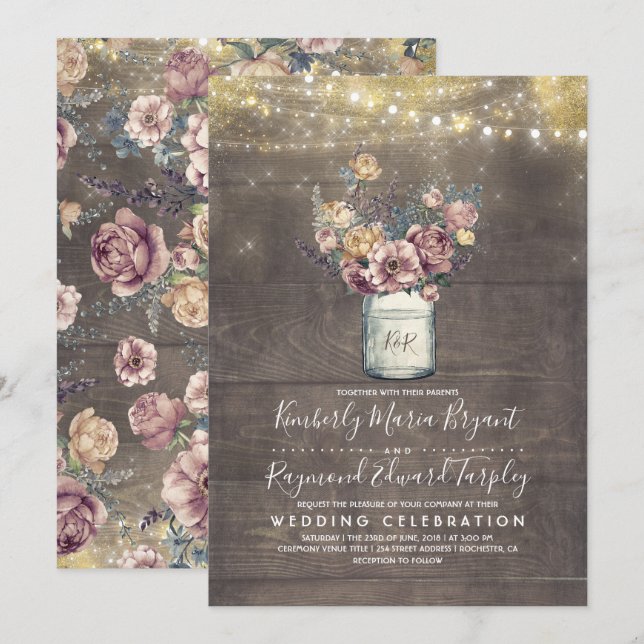 Vintage Rustic Mason Jar Mauve and Gold Wedding Invitation (Front/Back)