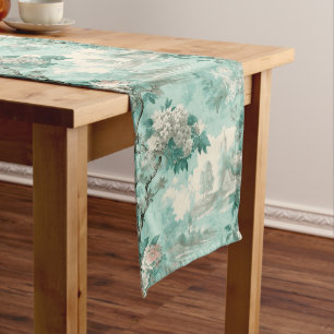 Vintage Rustic Mint French Country Toile Long Table Runner