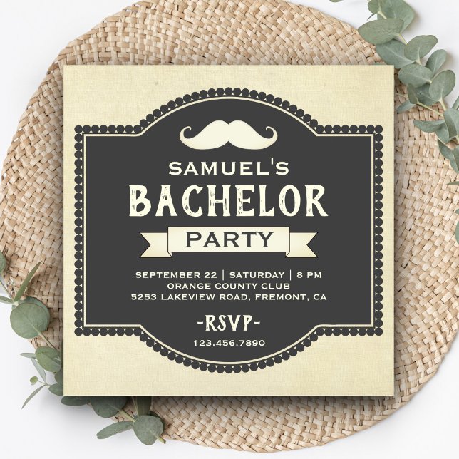 Vintage Rustic Mustache Bachelor Party Invitation (Creator Uploaded)