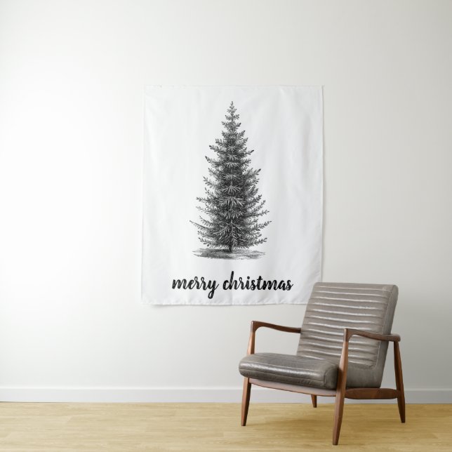 Vintage rustic neutral spruce merry christmas tapestry (In Situ)