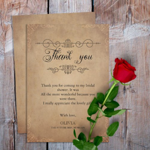 Vintage Rustic Old Parchment Bridal Shower  Thank You Card