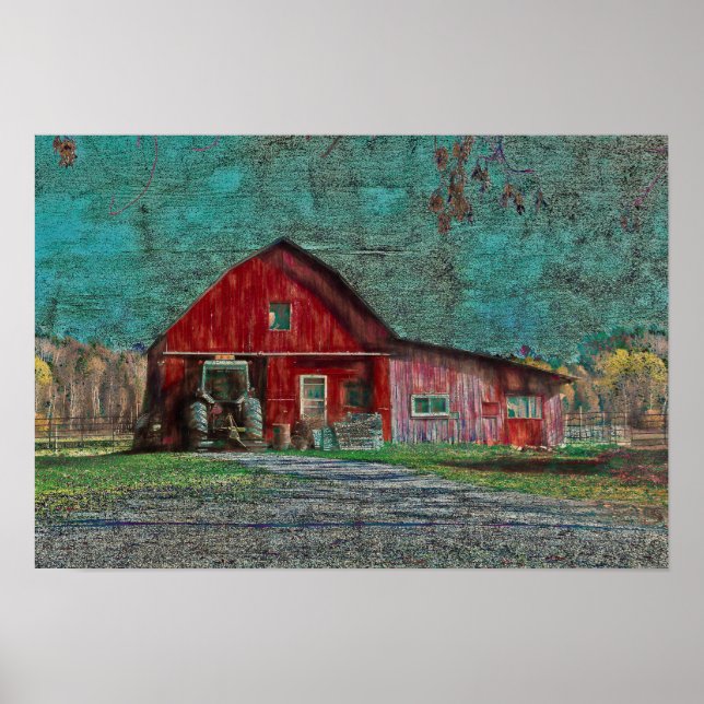 Vintage Rustic Old Red Teal Texture Barn Poster (Front)