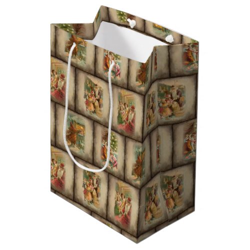 Vintage Rustic Old World Father Christmas Collage Medium Gift Bag