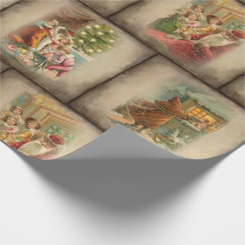 Vintage Rustic Old World Father Christmas Collage Wrapping Paper