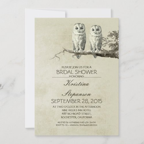 Vintage rustic OWL couple bridal shower invitation