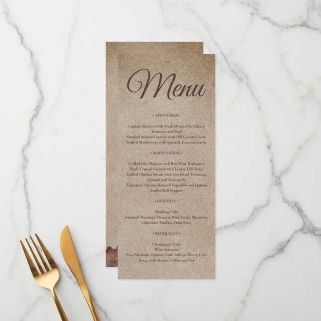 Vintage rustic paper brown mountains wedding menu (Front/Back In Situ)