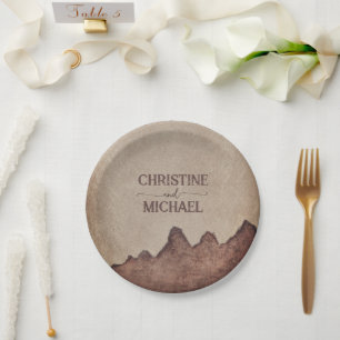 Vintage rustic paper brown mountains wedding plates