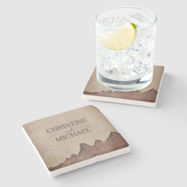 Vintage rustic paper brown mountains wedding stone coaster (Side)