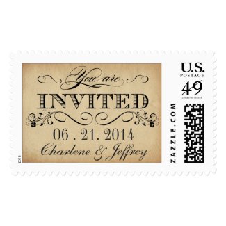 Vintage Rustic Parchment Wedding Invite Postage Stamps at UniqueRusticWeddingInvitations.com