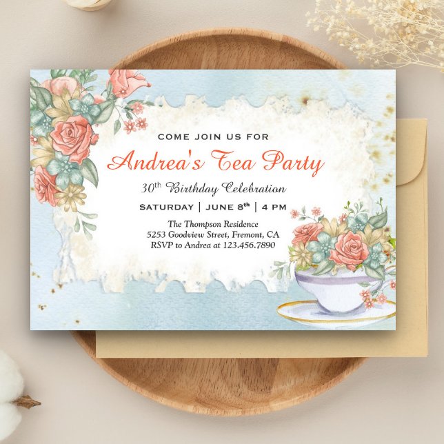 Vintage Rustic Pastel Floral Birthday Tea Party Invitation