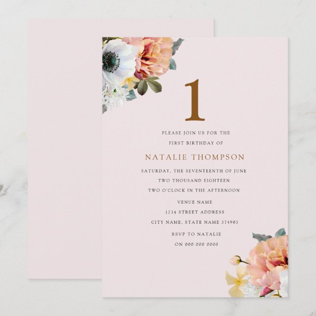Vintage Rustic Peach Floral 1st Birthday Invite (Front/Back)