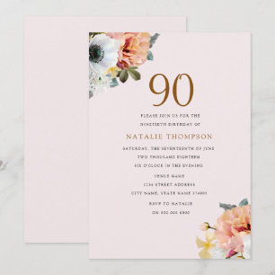 Vintage Rustic Peach Floral 90th Birthday Invite
