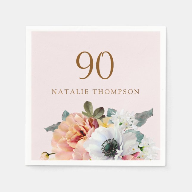 Vintage Rustic Peach Flower 90th Birthday Party Napkins (Front)